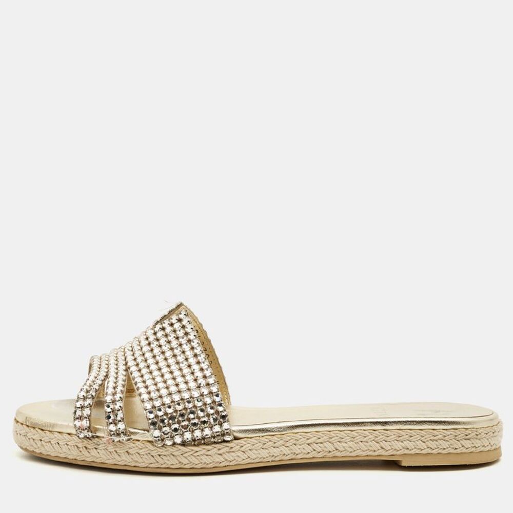 Gina Size 37.5 Gold Leather Crystal Embellished Flat Slide